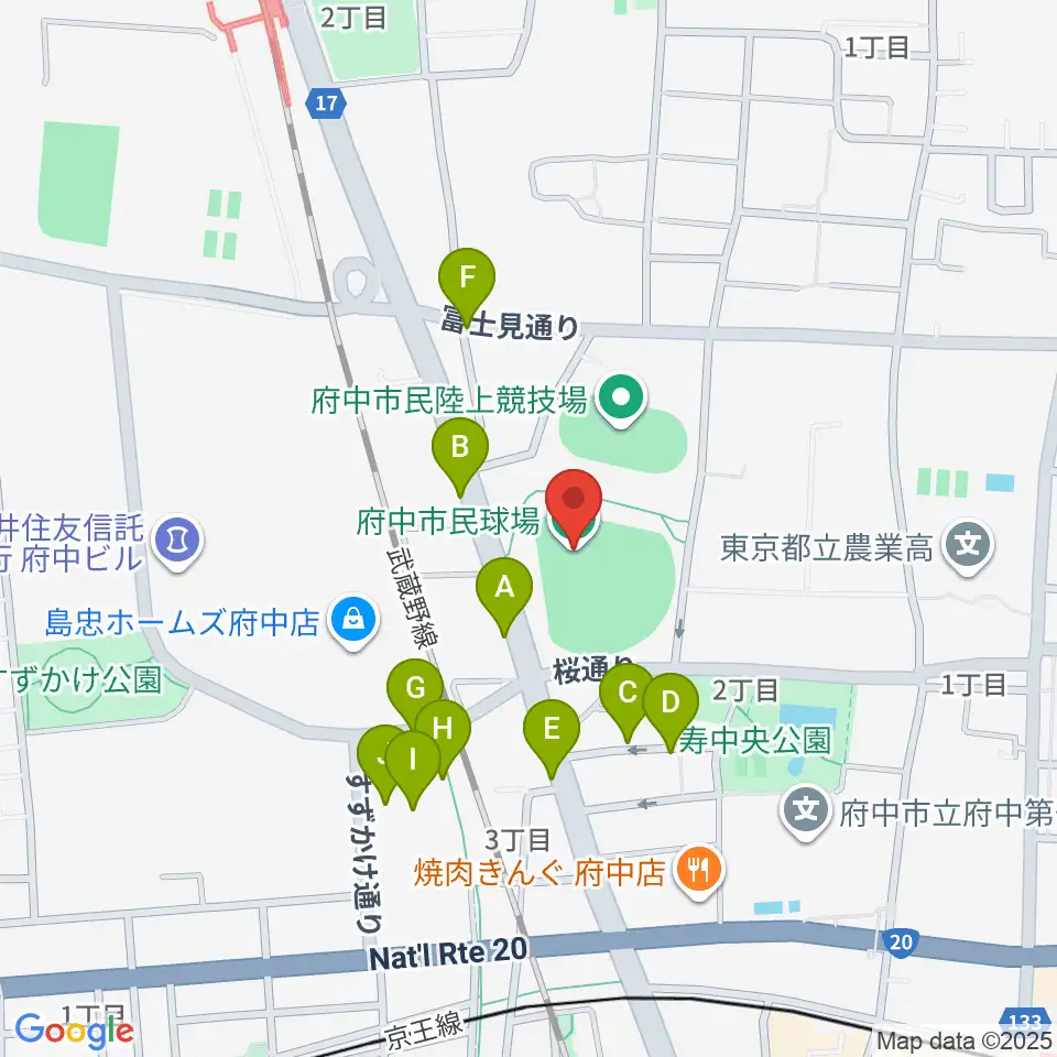 府中市民球場周辺の駐車場・コインパーキング一覧地図