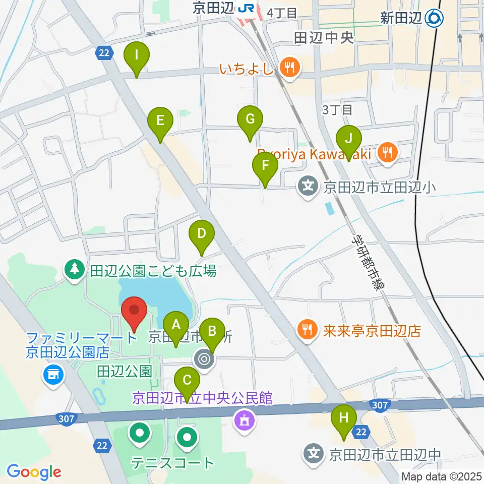 京田辺市田辺中央体育館周辺の駐車場・コインパーキング一覧地図