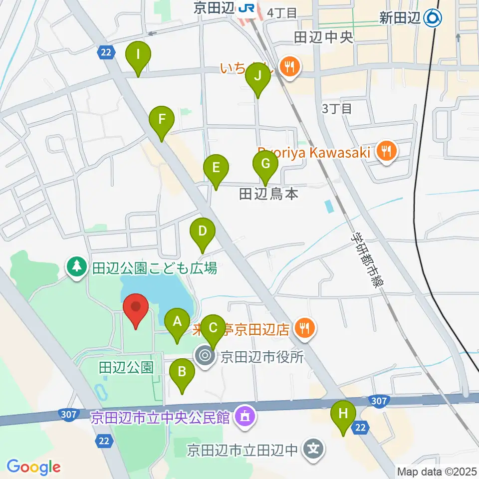京田辺市田辺中央体育館周辺の駐車場・コインパーキング一覧地図