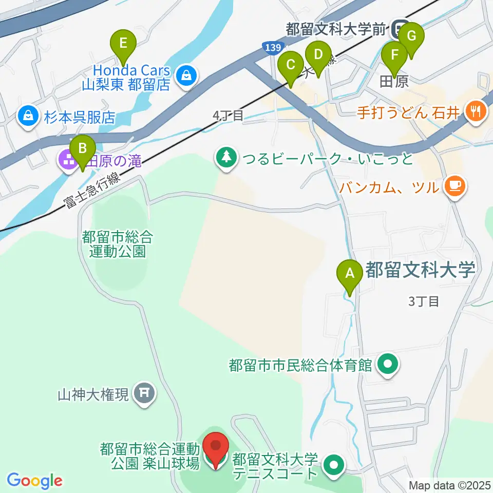 都留市総合運動公園楽山球場周辺の駐車場・コインパーキング一覧地図