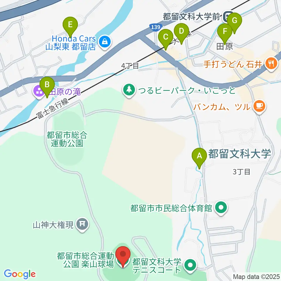 都留市総合運動公園楽山球場周辺の駐車場・コインパーキング一覧地図