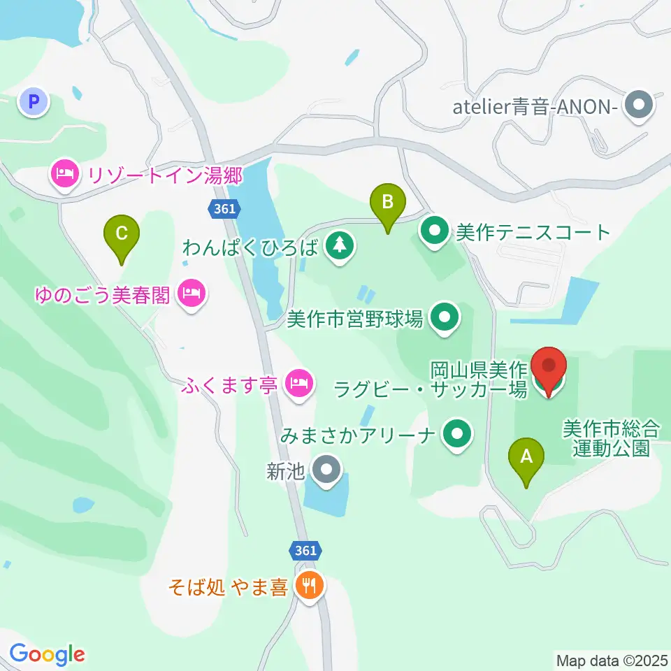 岡山県美作ラグビー・サッカー場周辺の駐車場・コインパーキング一覧地図