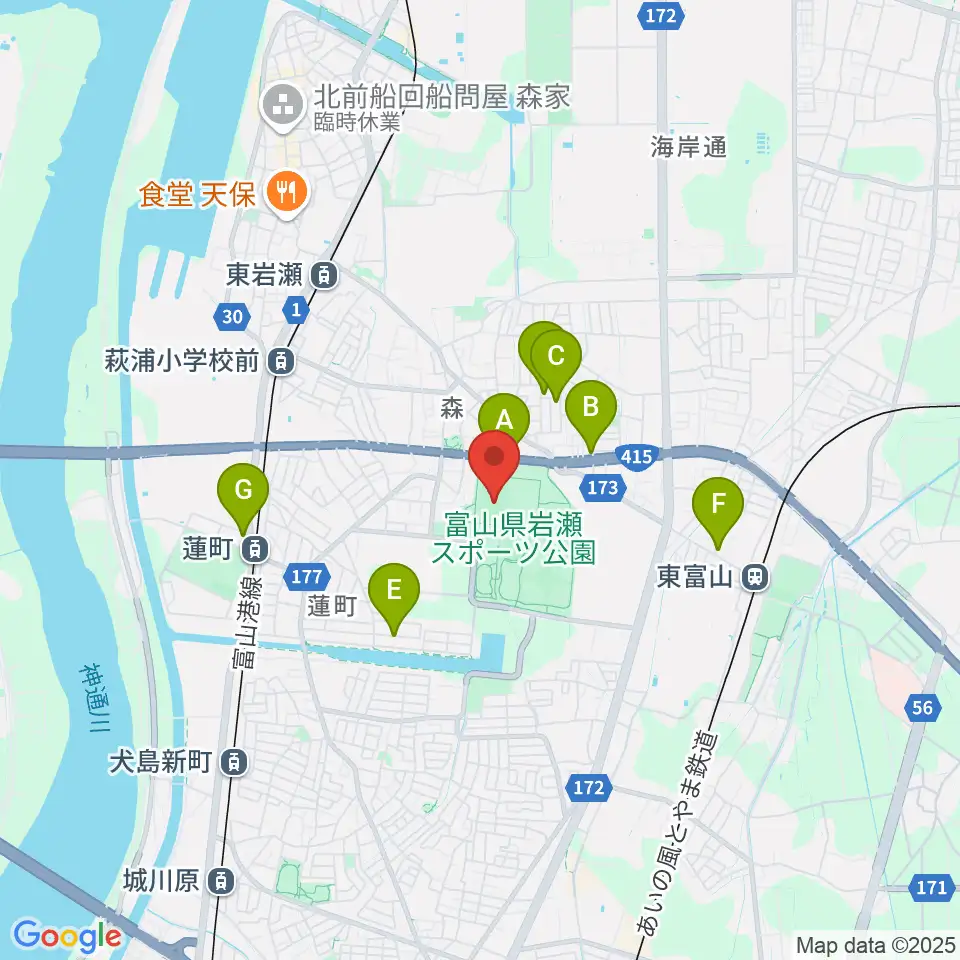 富山県岩瀬スポーツ公園サッカー・ラグビー場周辺の駐車場・コインパーキング一覧地図