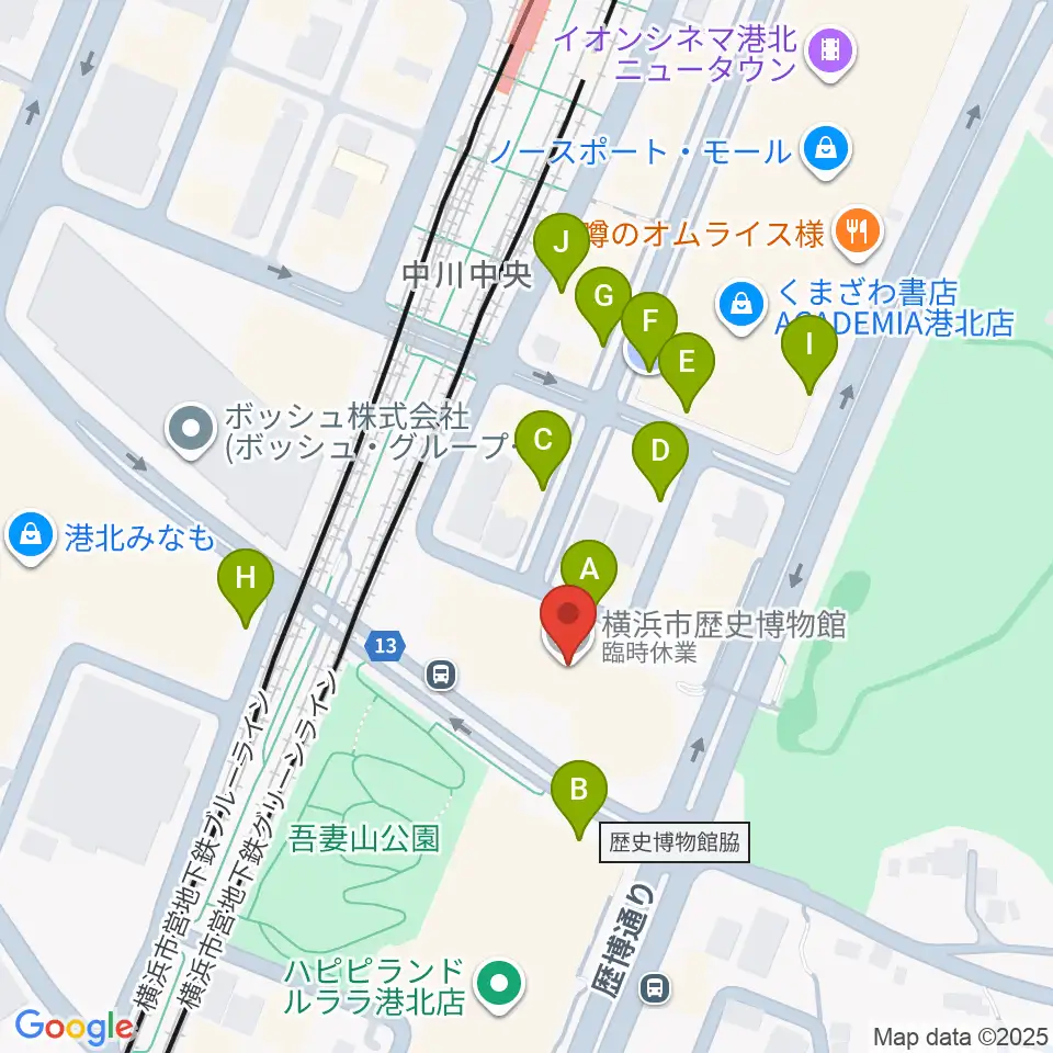 横浜市歴史博物館周辺の駐車場・コインパーキング一覧地図