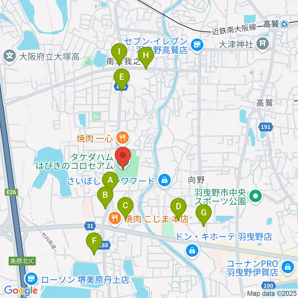 タケダハムはびきのコロセアム周辺の駐車場・コインパーキング一覧地図