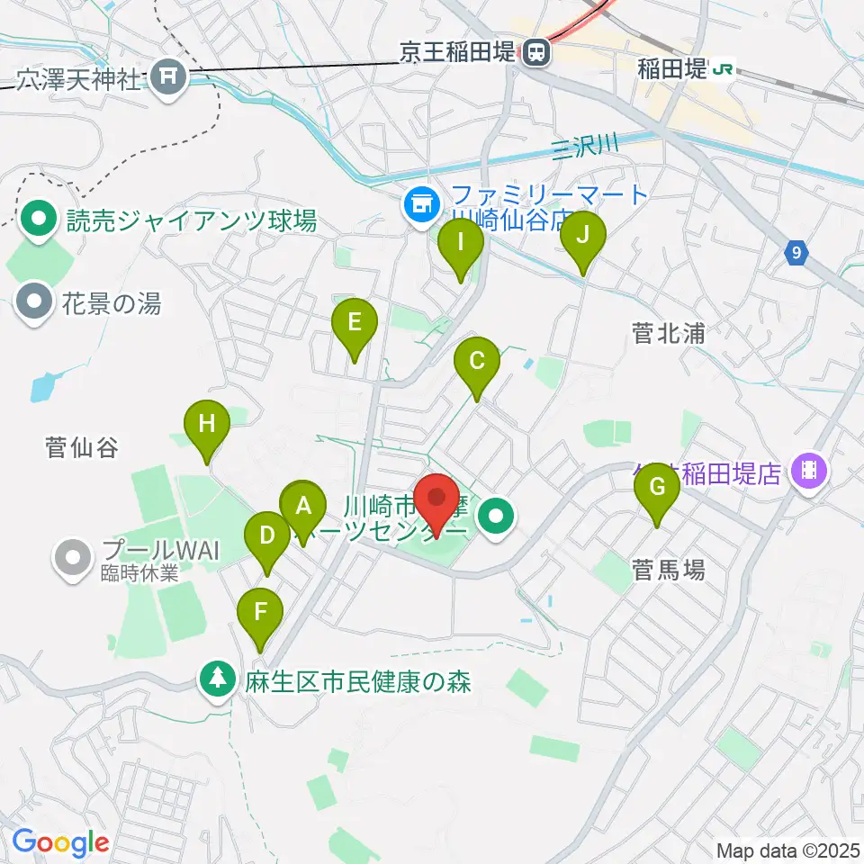 川崎市多摩スポーツセンター野球場周辺の駐車場・コインパーキング一覧地図