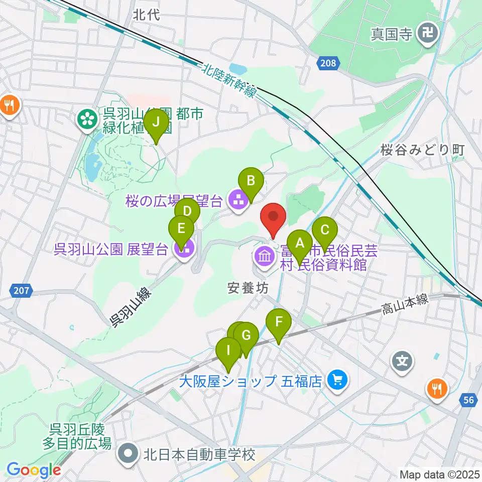 富山市民俗民芸村周辺の駐車場・コインパーキング一覧地図