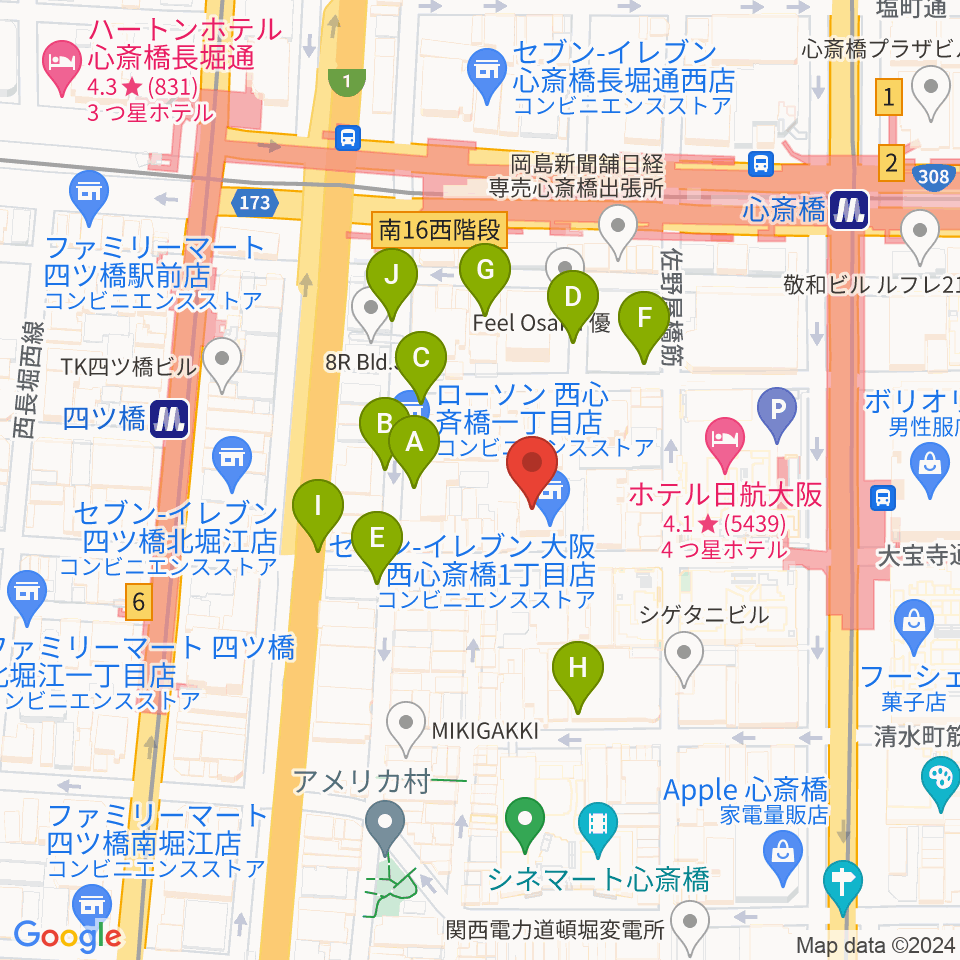 ジャパンギタースクール 心斎橋校周辺の駐車場・コインパーキング一覧地図