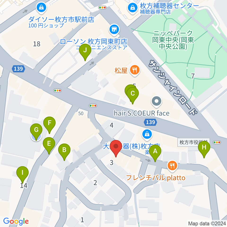 アズイズミュージック枚方店周辺の駐車場・コインパーキング一覧地図