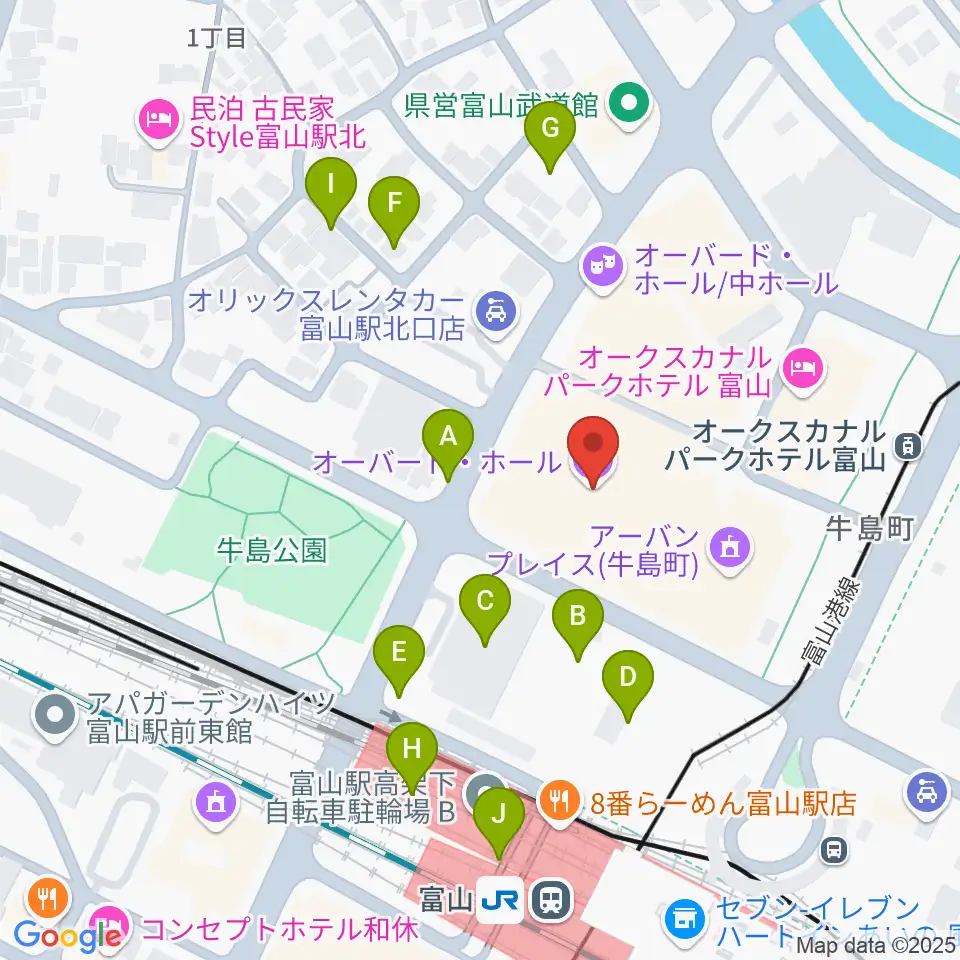 オーバード・ホール周辺の駐車場・コインパーキング一覧地図