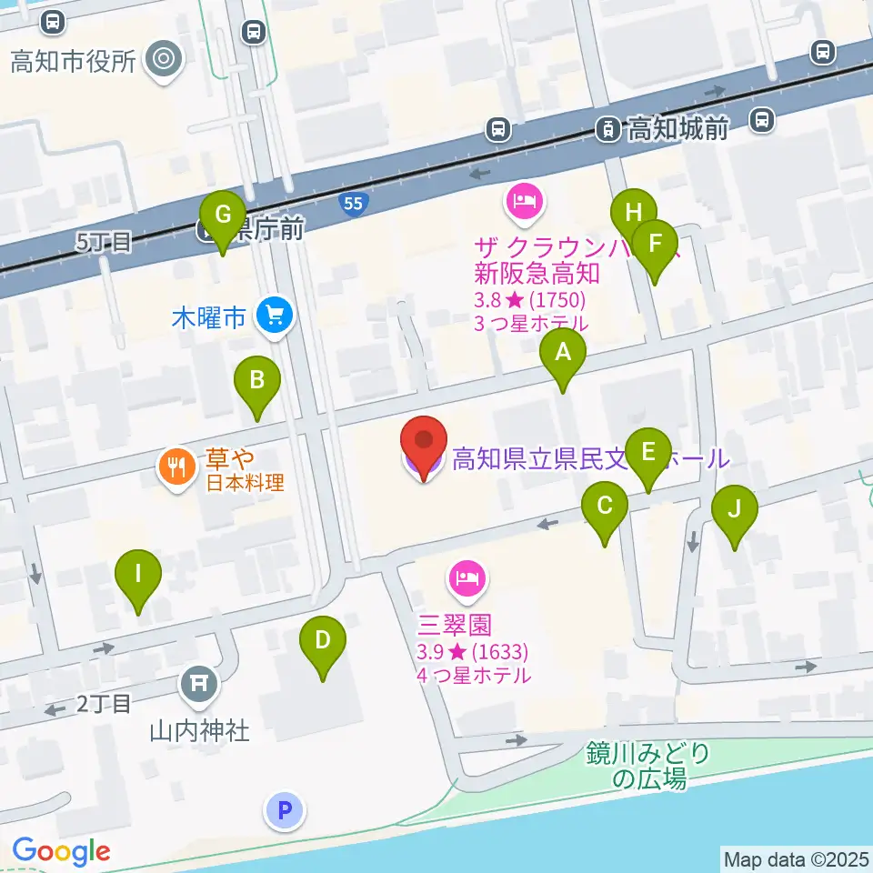 高知県立県民文化ホール周辺の駐車場・コインパーキング一覧地図