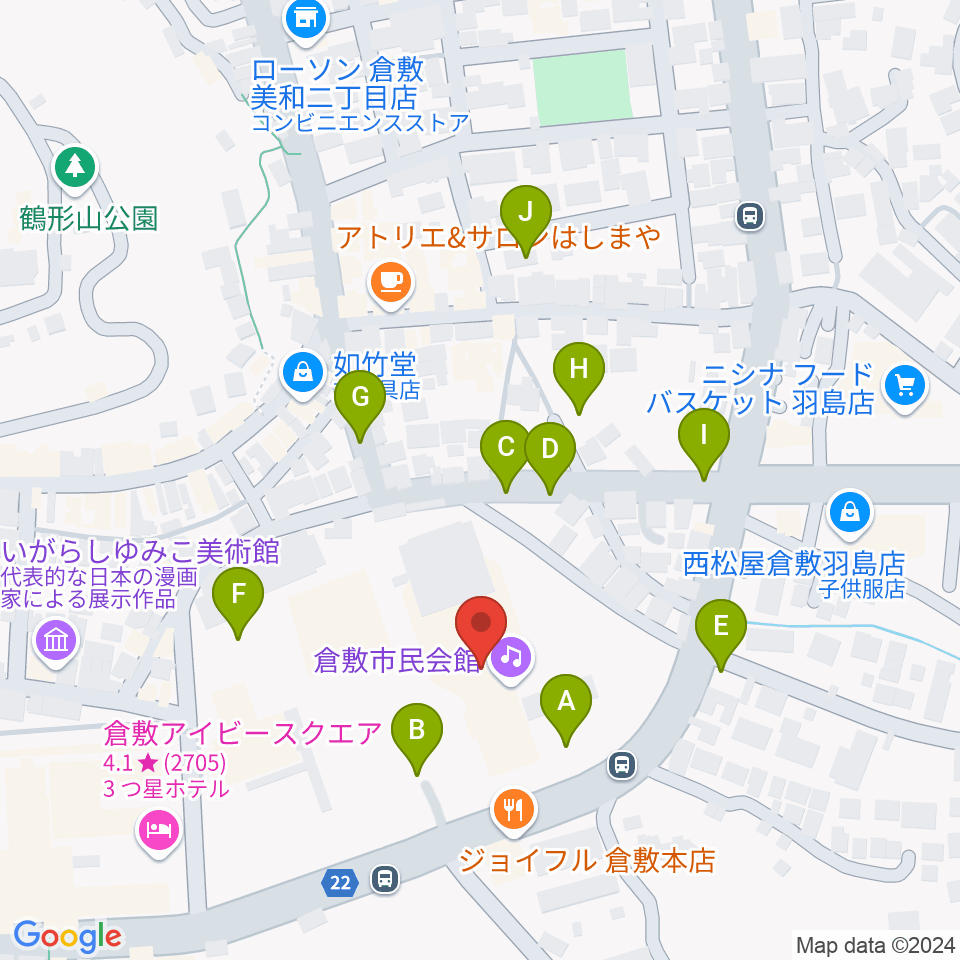 倉敷市民会館周辺の駐車場・コインパーキング一覧地図