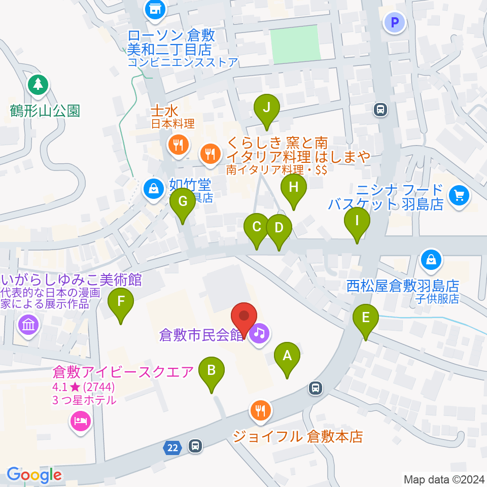 倉敷市民会館周辺の駐車場・コインパーキング一覧地図