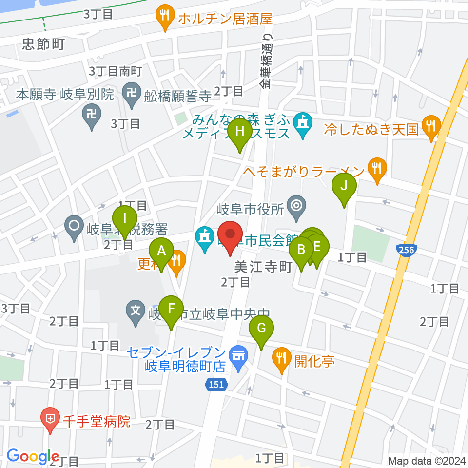 岐阜市民会館周辺の駐車場・コインパーキング一覧地図