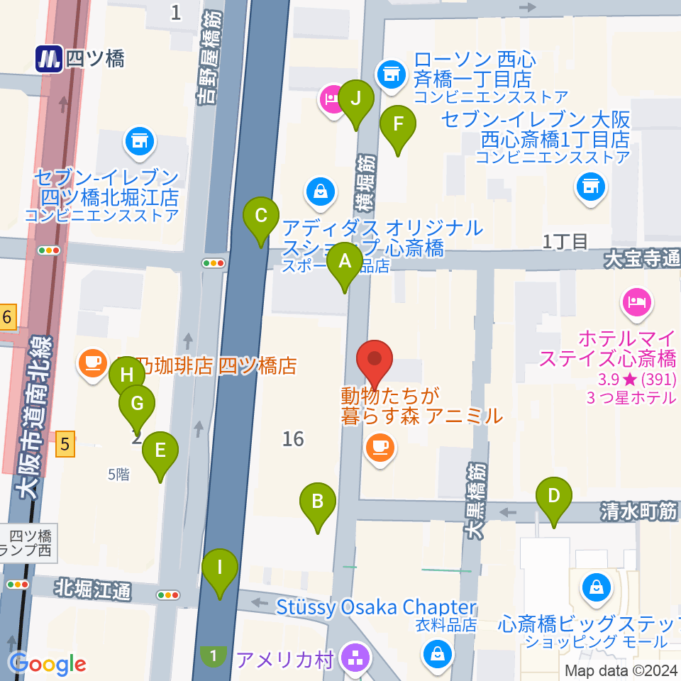 心斎橋AtlantiQs周辺の駐車場・コインパーキング一覧地図