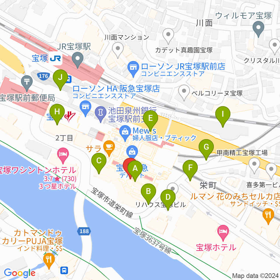 宝塚ソリオホール周辺の駐車場・コインパーキング一覧地図