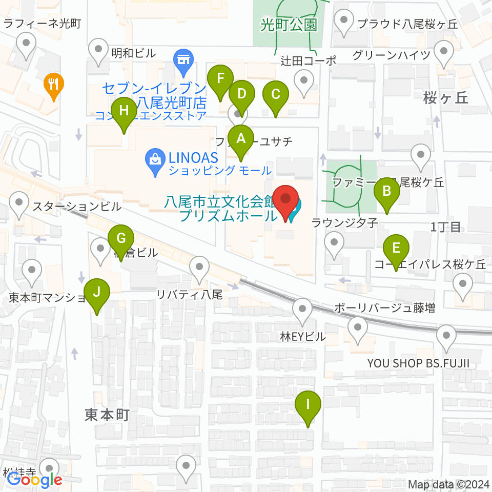 八尾市文化会館プリズムホール周辺の駐車場・コインパーキング一覧地図