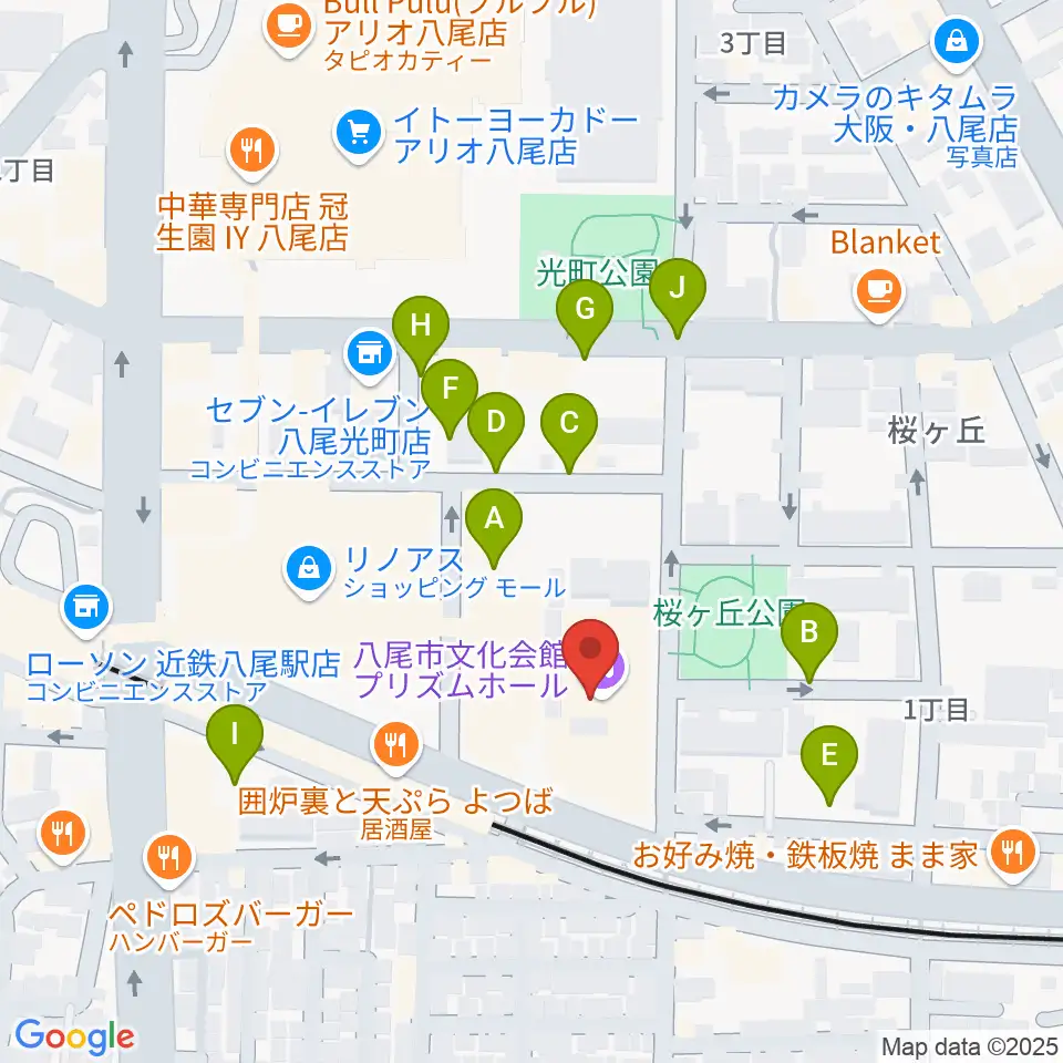 八尾市文化会館プリズムホール周辺の駐車場・コインパーキング一覧地図