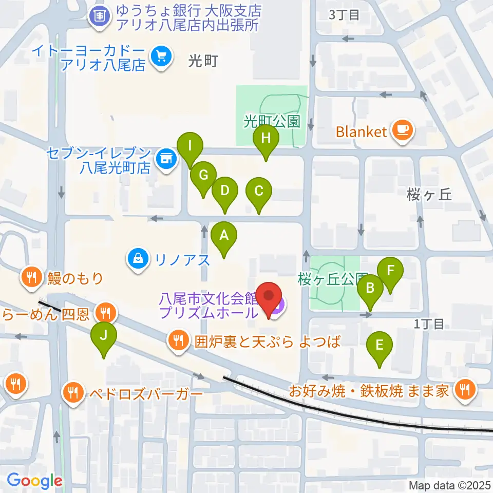 八尾市文化会館プリズムホール周辺の駐車場・コインパーキング一覧地図