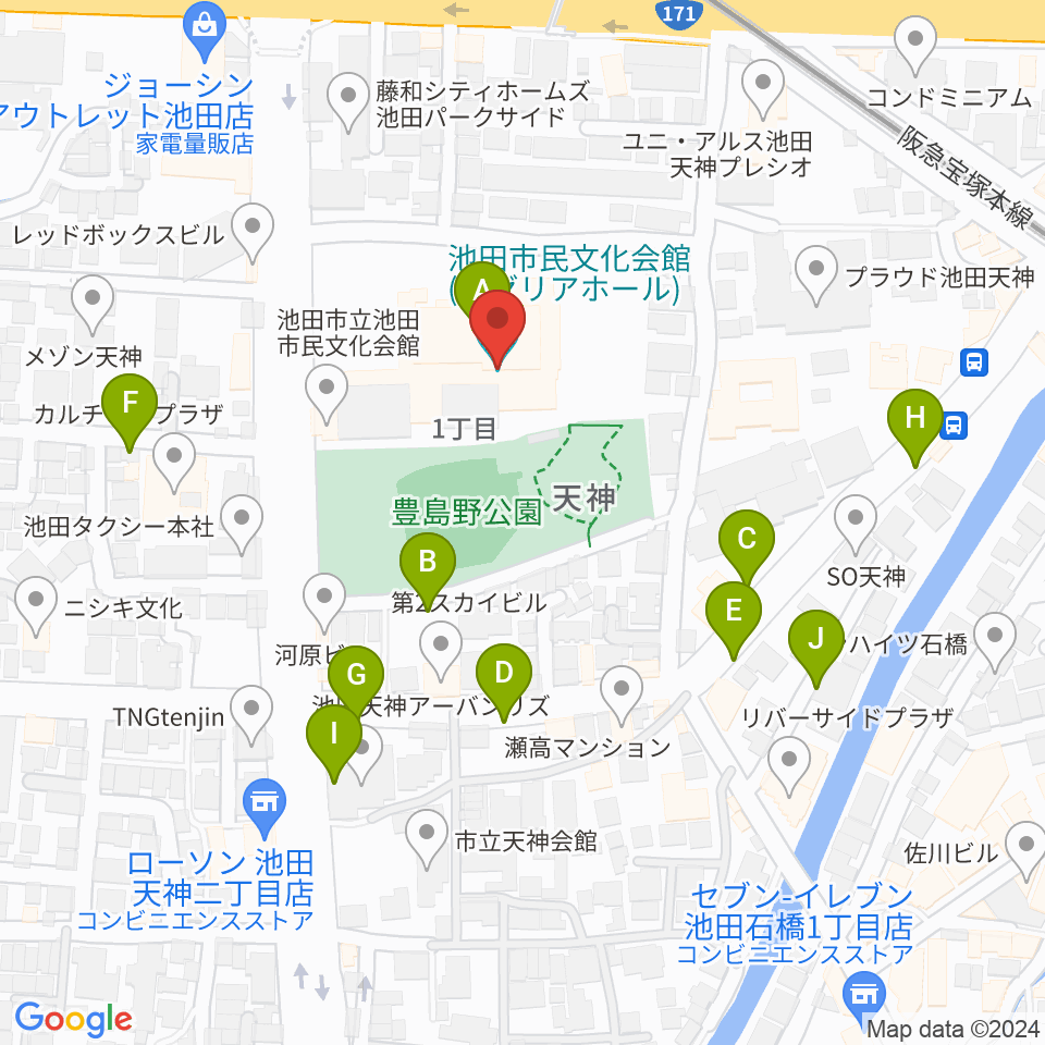 池田市民文化会館周辺の駐車場・コインパーキング一覧地図