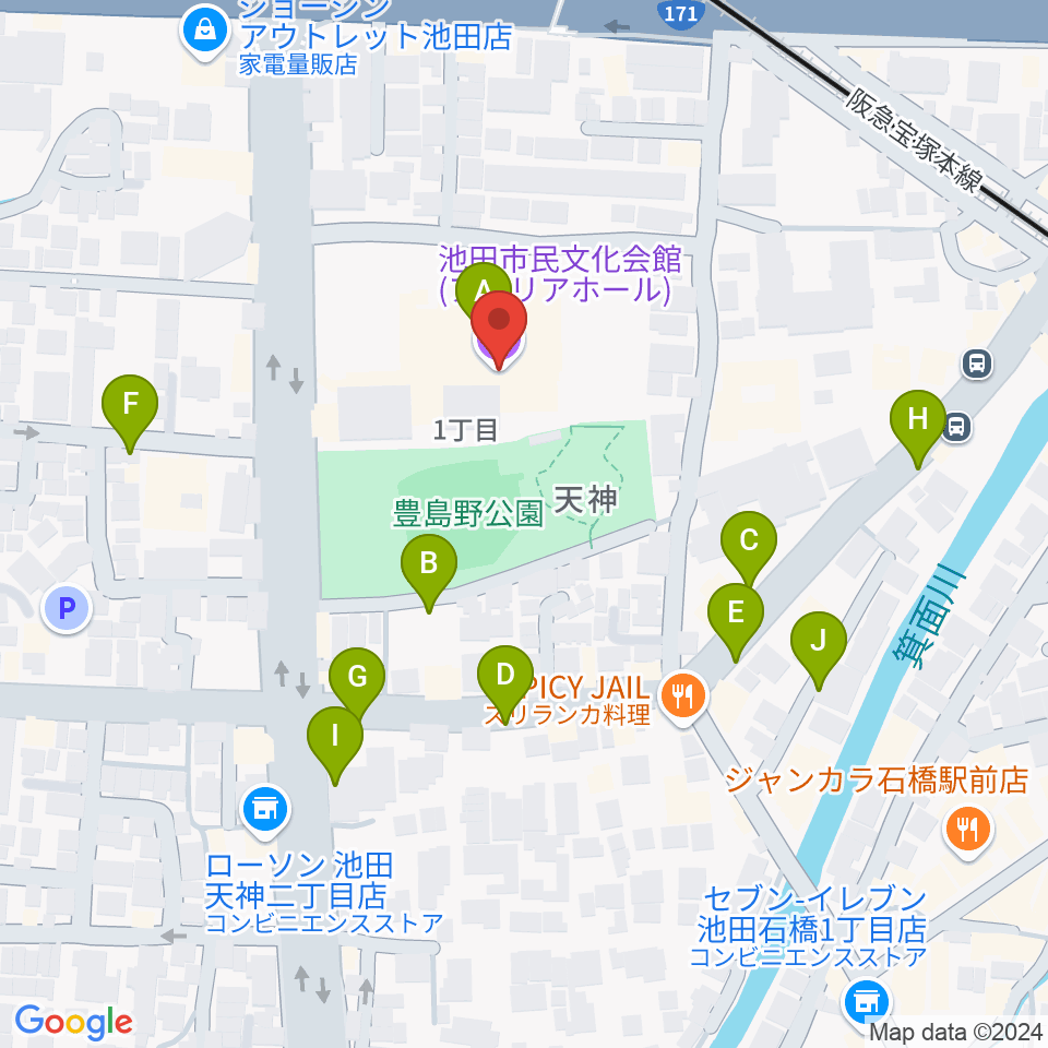 池田市民文化会館周辺の駐車場・コインパーキング一覧地図