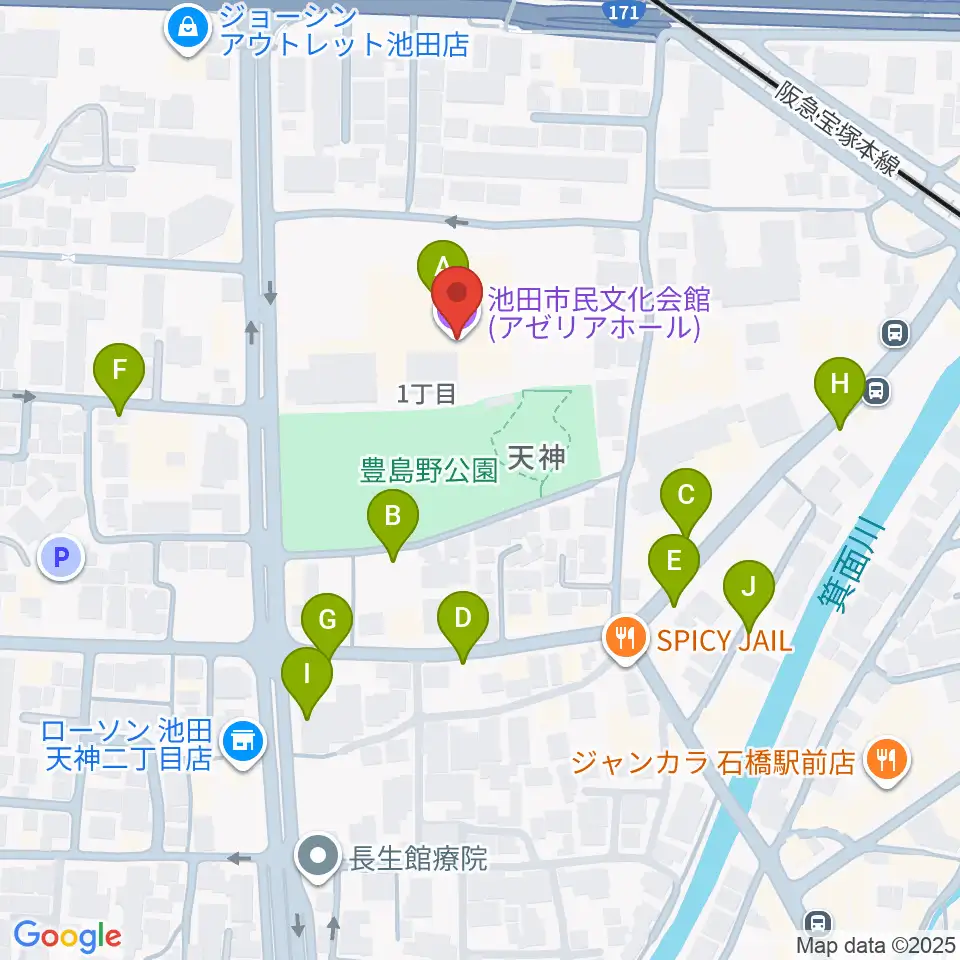 池田市民文化会館周辺の駐車場・コインパーキング一覧地図