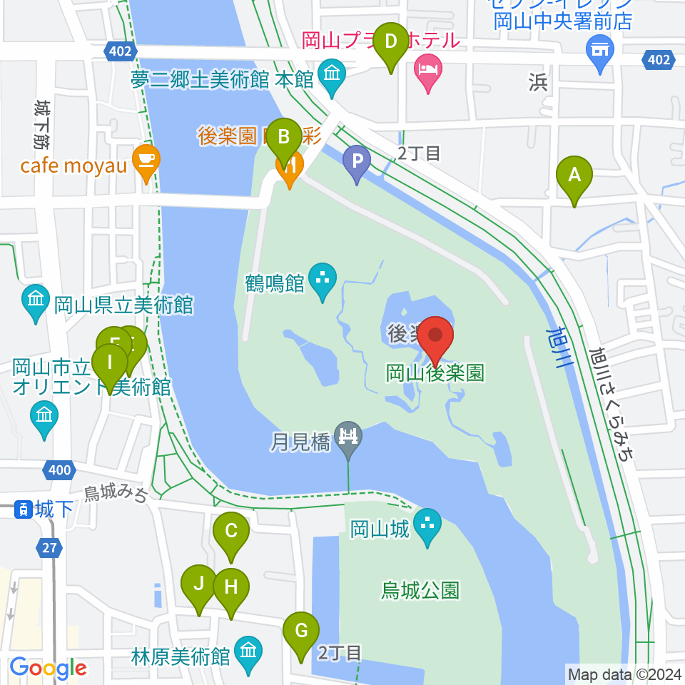 岡山後楽園周辺の駐車場・コインパーキング一覧地図