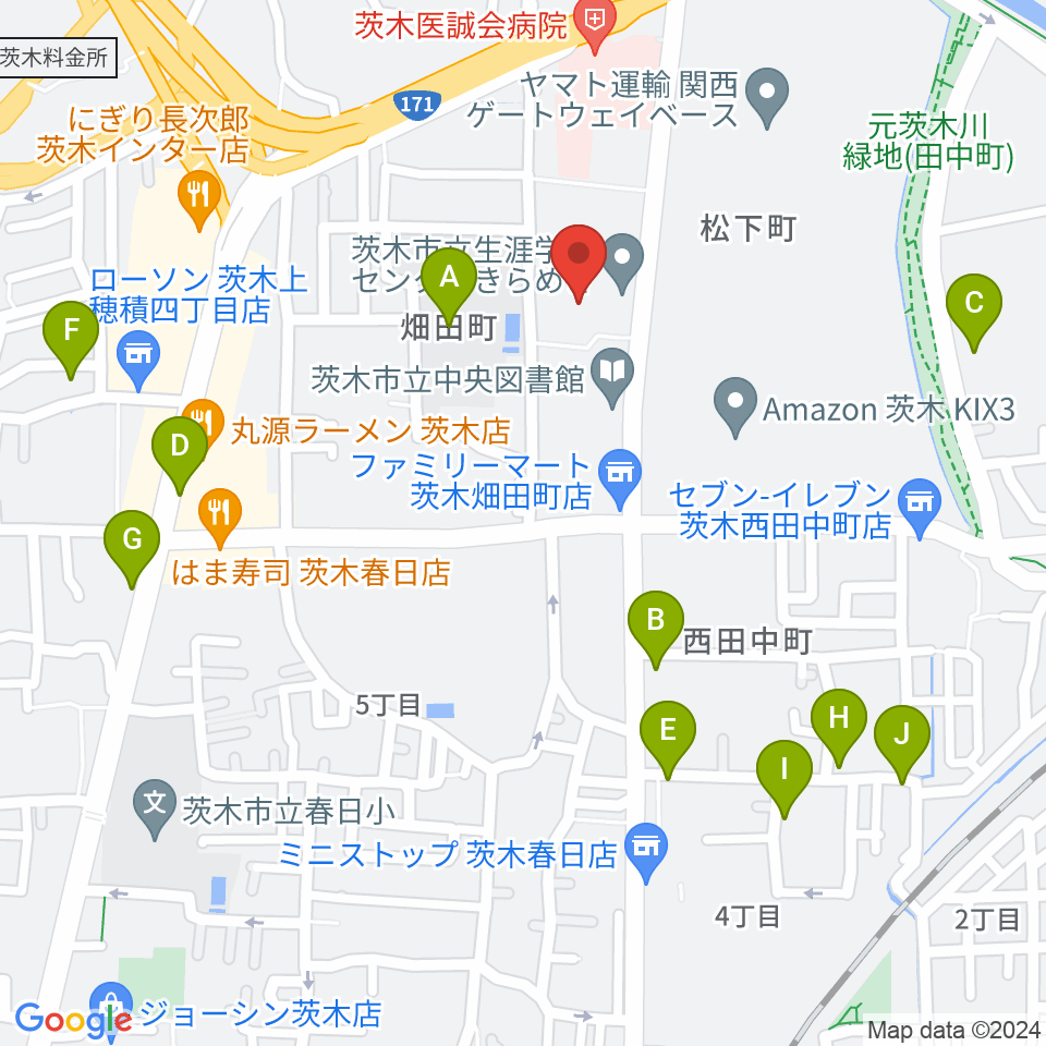 茨木市立生涯学習センターきらめき周辺の駐車場・コインパーキング一覧地図