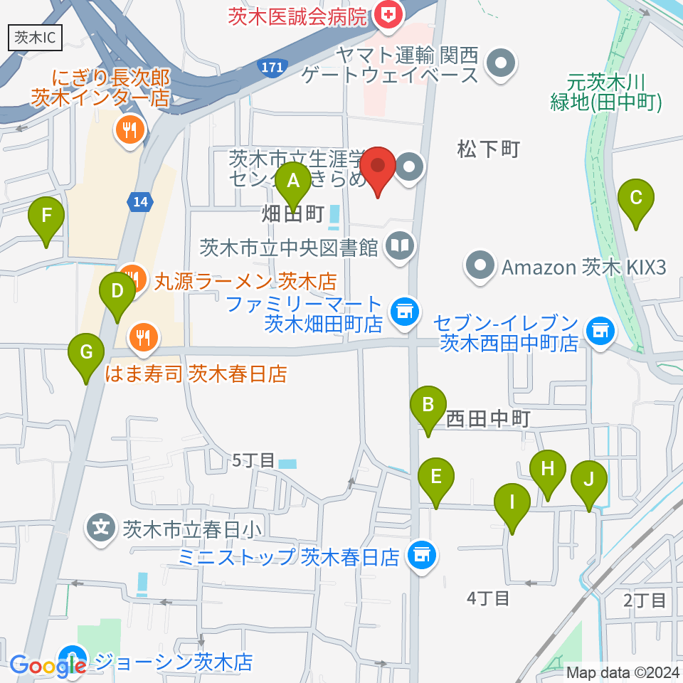 茨木市立生涯学習センターきらめき周辺の駐車場・コインパーキング一覧地図