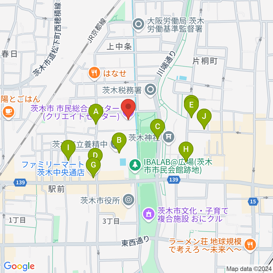 茨木市市民総合センター クリエイトセンター周辺の駐車場・コインパーキング一覧地図