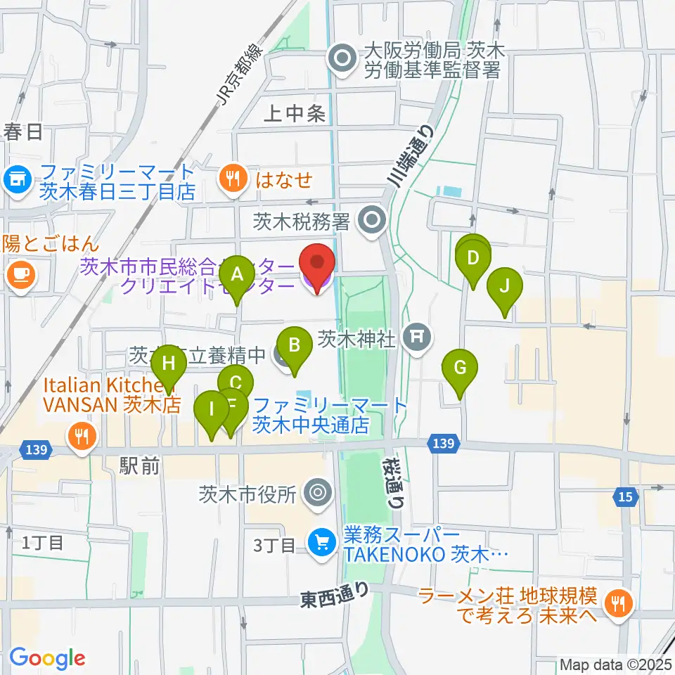 茨木市市民総合センター クリエイトセンター周辺の駐車場・コインパーキング一覧地図
