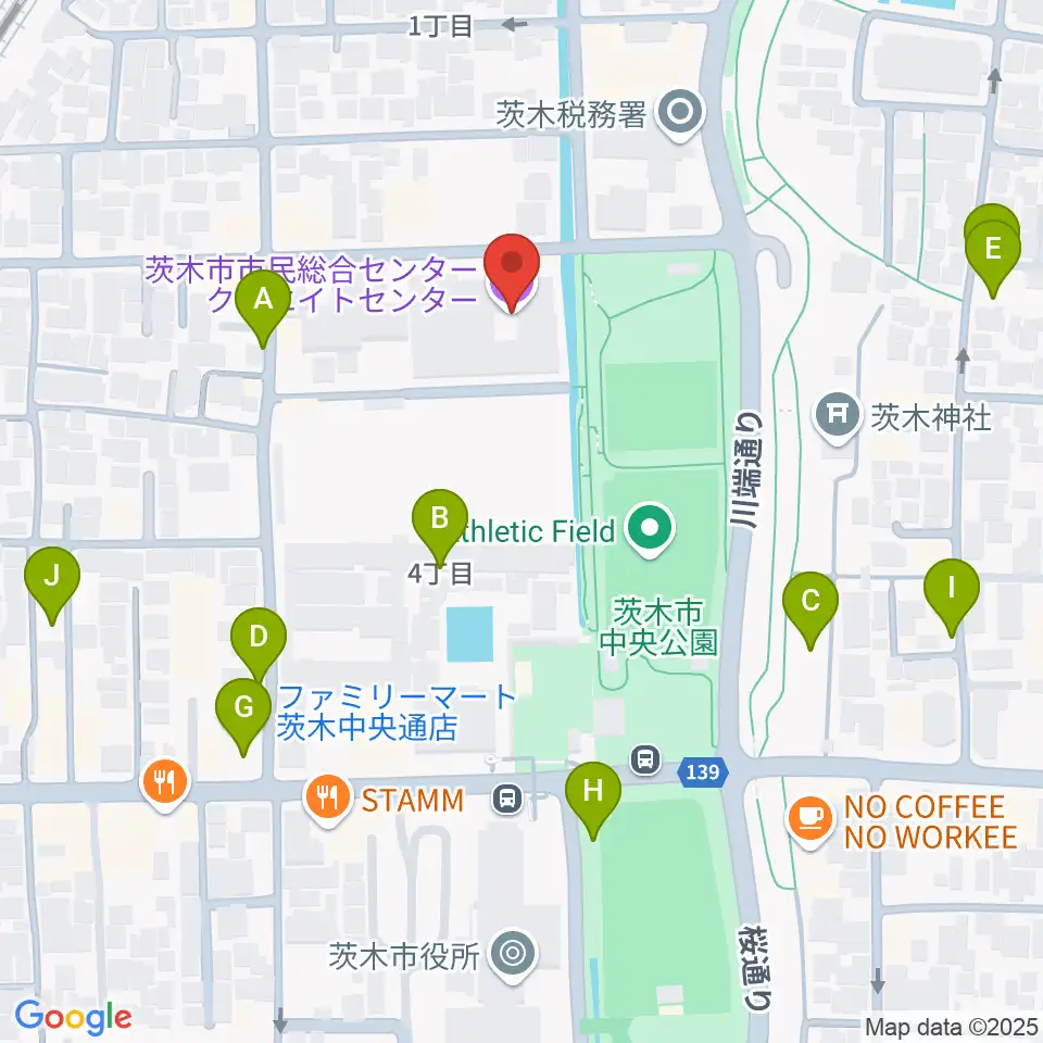 茨木市市民総合センター クリエイトセンター周辺の駐車場・コインパーキング一覧地図