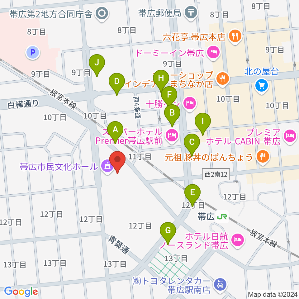 帯広市民文化ホール周辺の駐車場・コインパーキング一覧地図