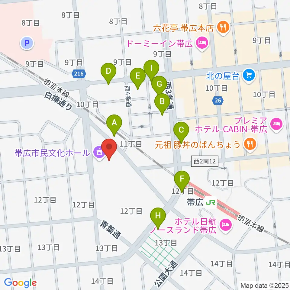 帯広市民文化ホール周辺の駐車場・コインパーキング一覧地図