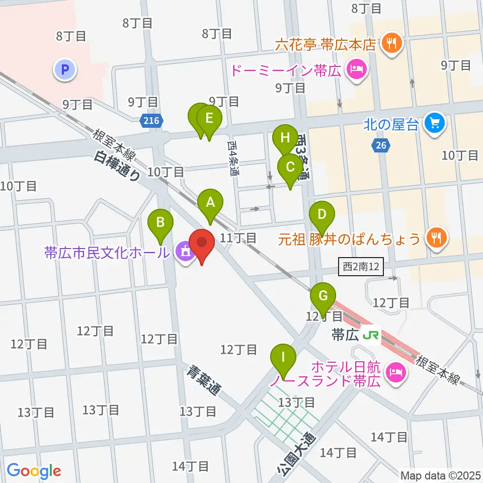 帯広市民文化ホール周辺の駐車場・コインパーキング一覧地図