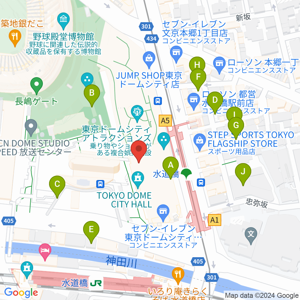 東京ドームシティホール周辺の駐車場・コインパーキング一覧地図