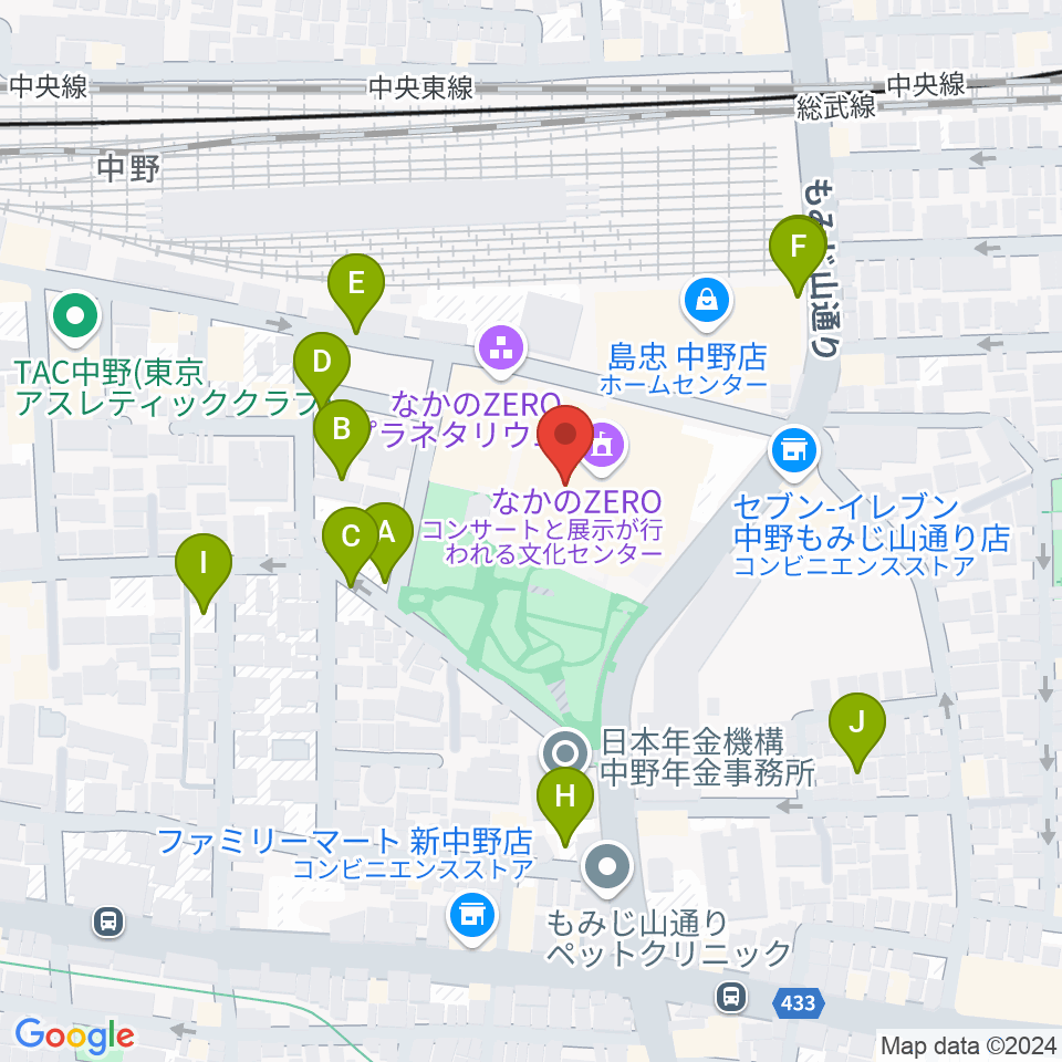 なかのZERO周辺の駐車場・コインパーキング一覧地図