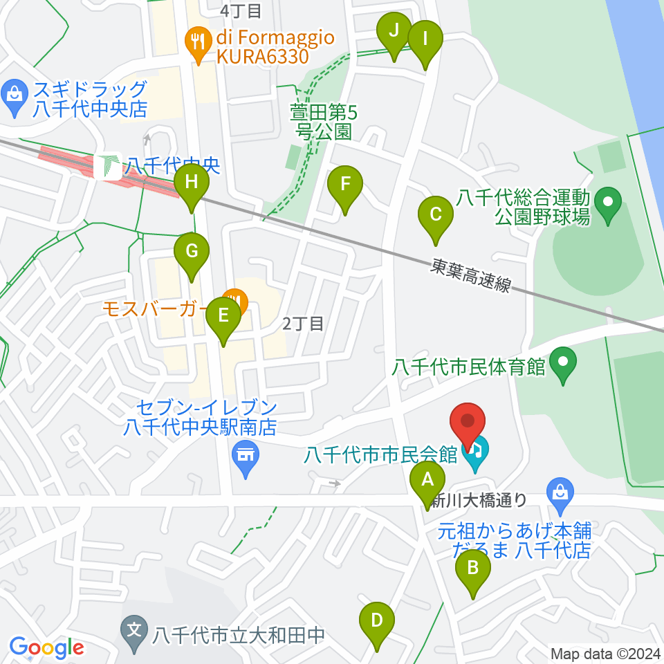 八千代市市民会館周辺の駐車場・コインパーキング一覧地図