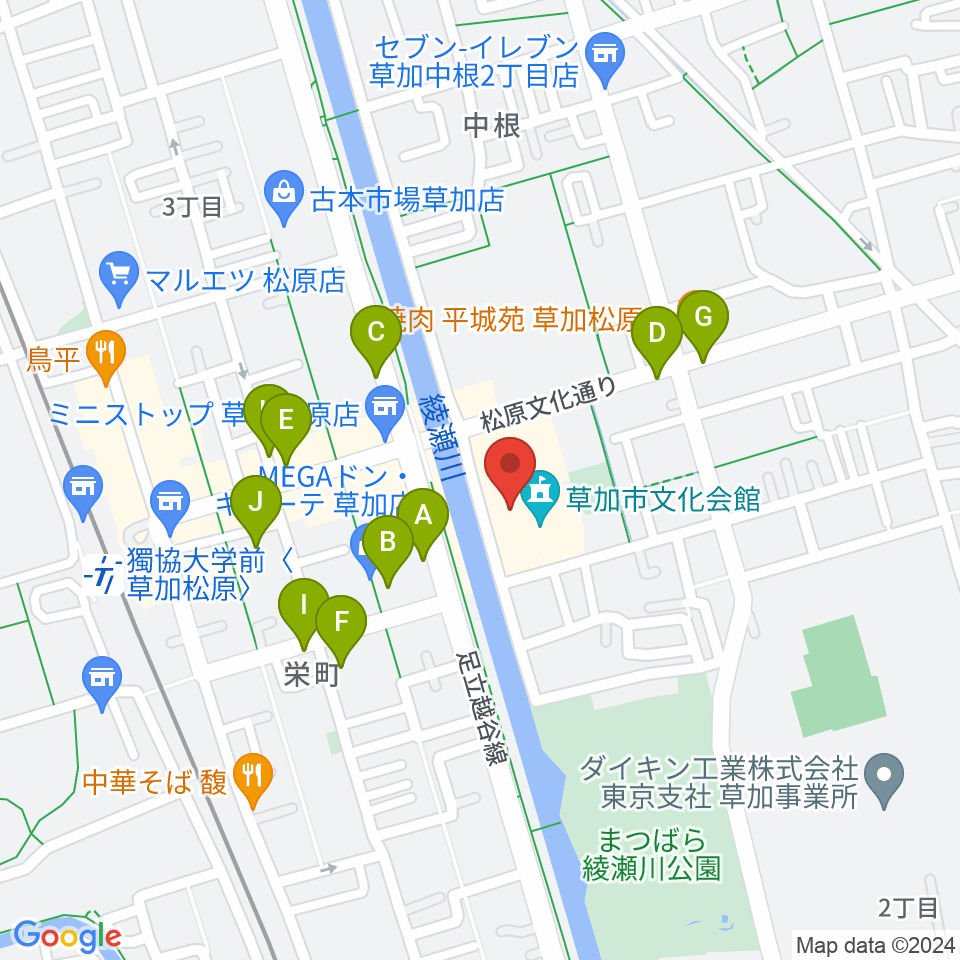 草加市文化会館周辺の駐車場・コインパーキング一覧地図