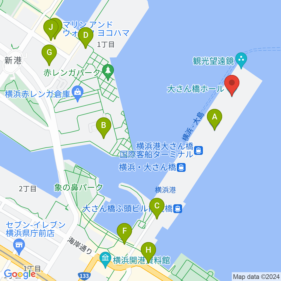 大さん橋ホール周辺の駐車場・コインパーキング一覧地図