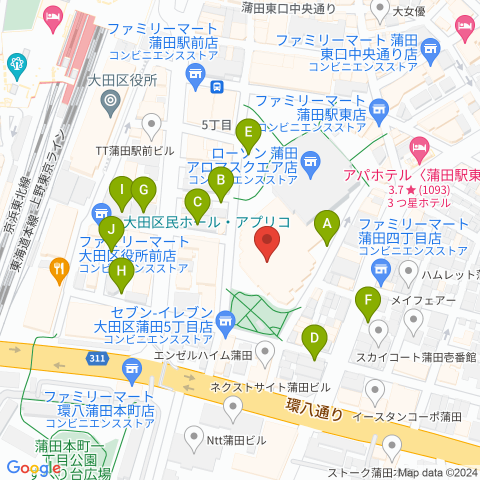 大田区民ホール・アプリコ周辺の駐車場・コインパーキング一覧地図