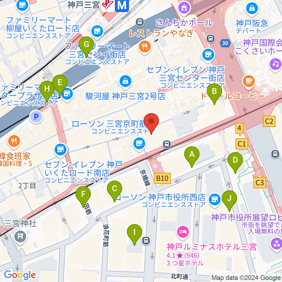 ベースオントップ三宮店周辺の駐車場・コインパーキング一覧地図