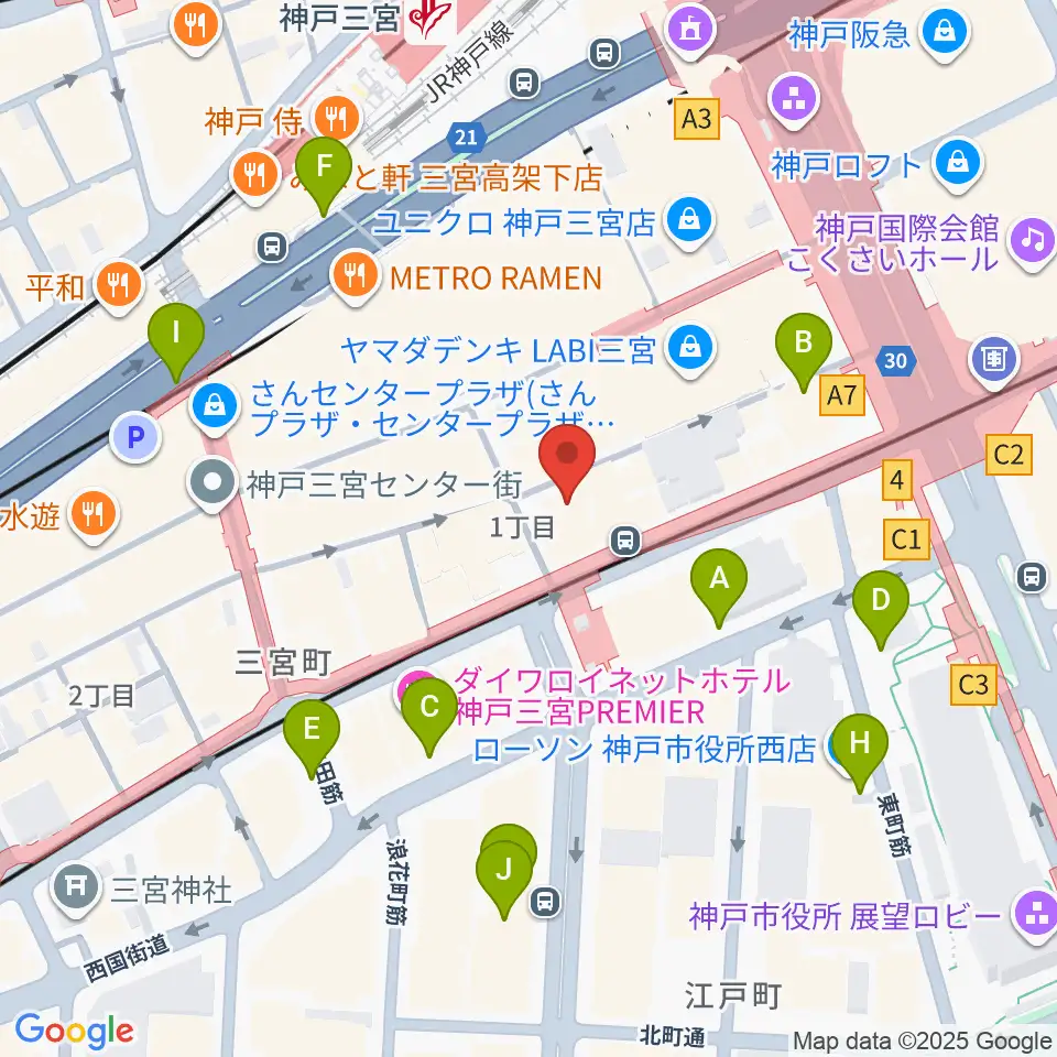 ベースオントップ三宮店周辺の駐車場・コインパーキング一覧地図