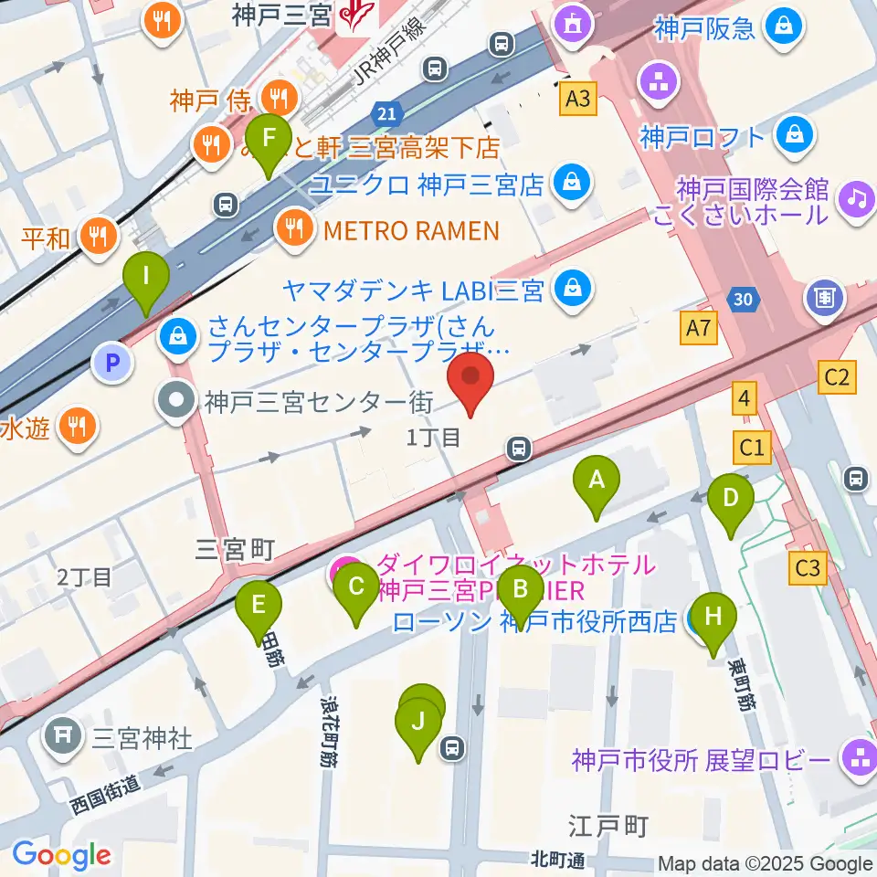 ベースオントップ三宮店周辺の駐車場・コインパーキング一覧地図