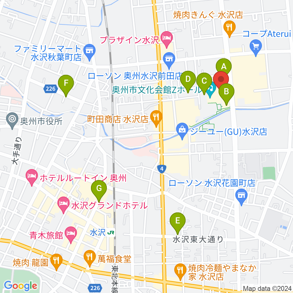 奥州市文化会館Zホール周辺の駐車場・コインパーキング一覧地図