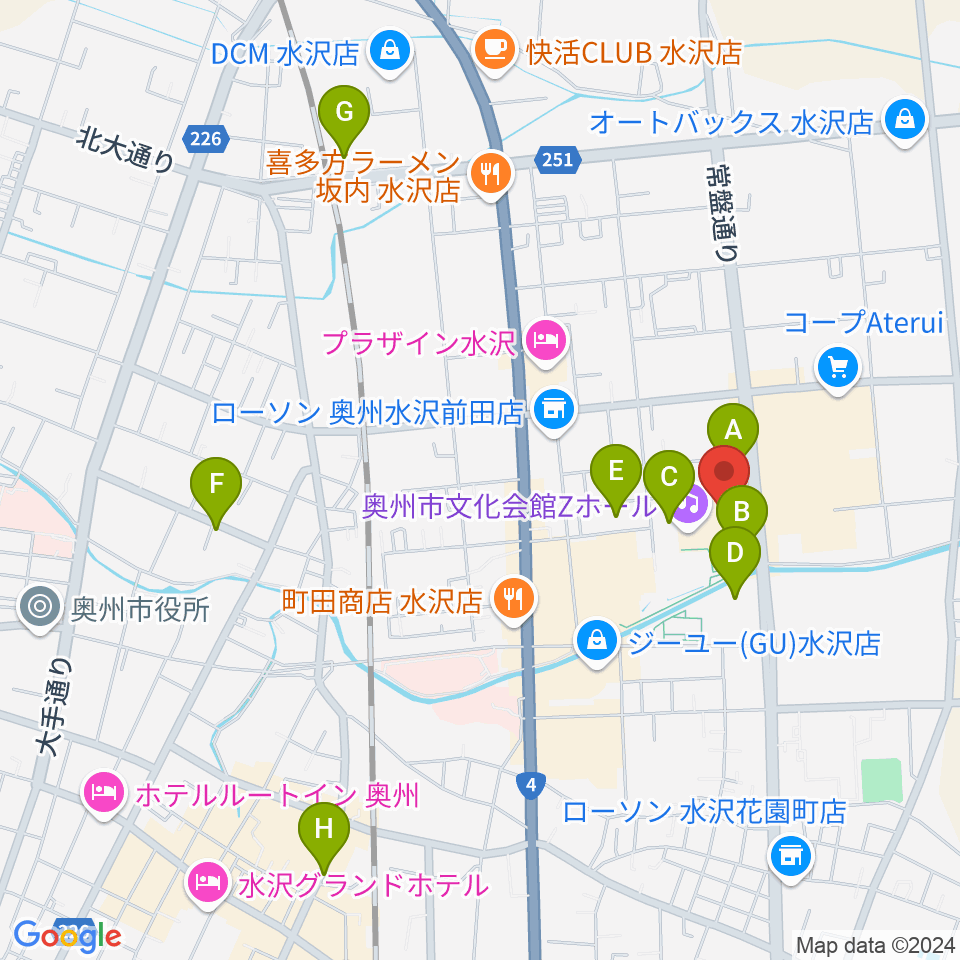 奥州市文化会館Zホール周辺の駐車場・コインパーキング一覧地図