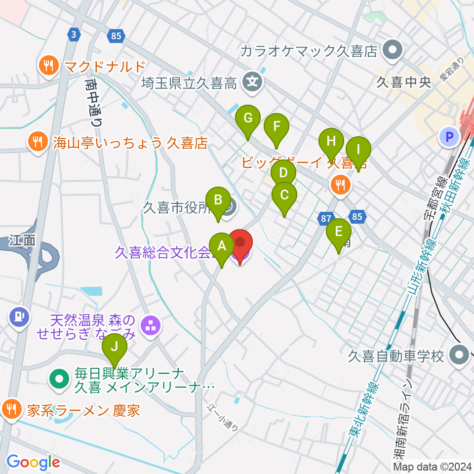 久喜総合文化会館周辺の駐車場・コインパーキング一覧地図