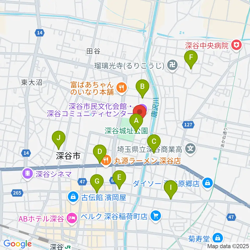 深谷市民文化会館周辺の駐車場・コインパーキング一覧地図