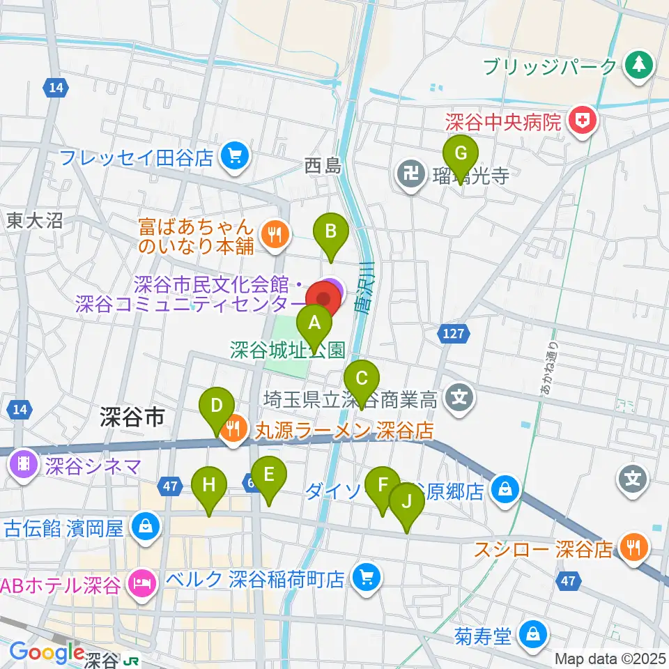 深谷市民文化会館周辺の駐車場・コインパーキング一覧地図