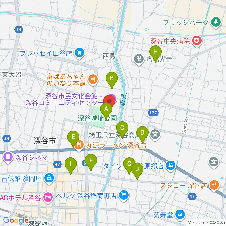 深谷市民文化会館周辺の駐車場・コインパーキング一覧地図